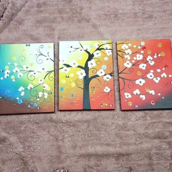 Three Hand-painted Cherry Blossom Tree Paintings - Picture 1 of 7